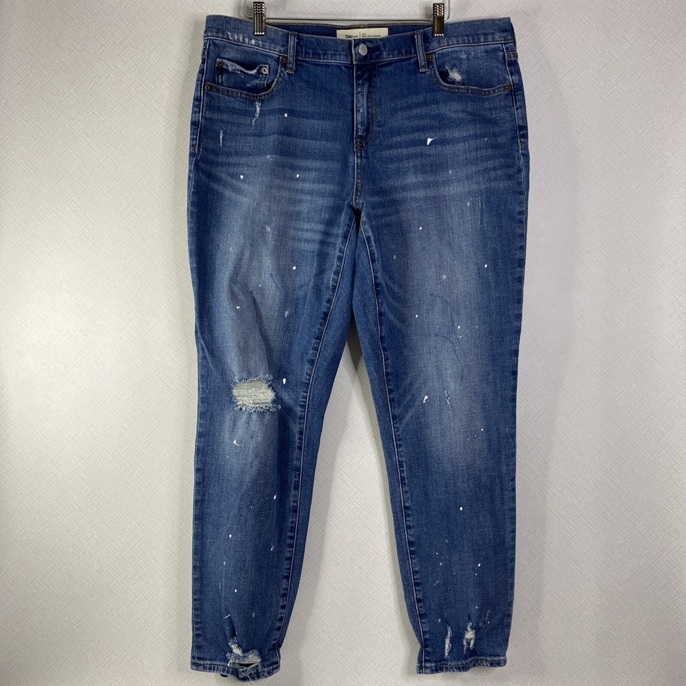 Gap Best Girlfriend Jeans Women's 32T Blue Paint Splatter Distressed Tall Denim